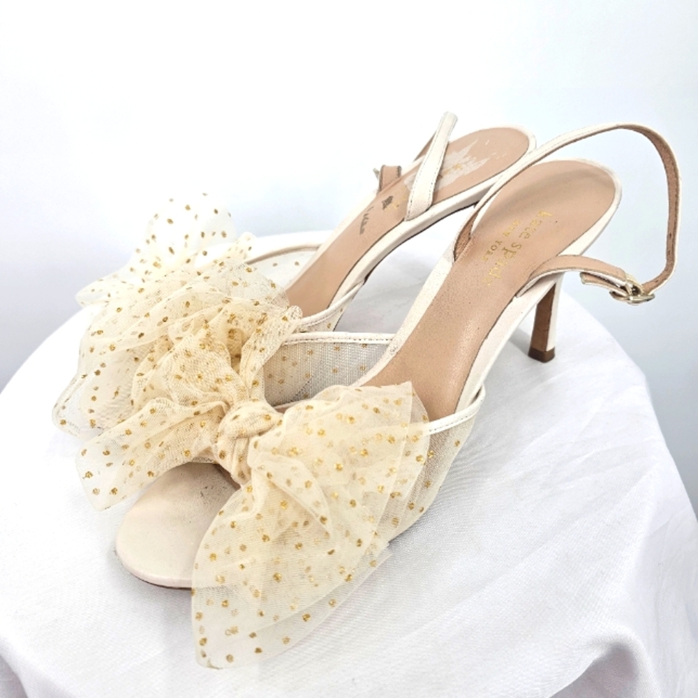 kate spade Ivory and Gold Tulle Bow Slingback Heels wedding coquette